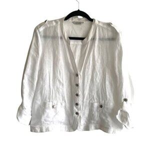 GERARD DAREL Linen Button Front Shirt Blouse Jacket Blazer Roll Sleeves White 12